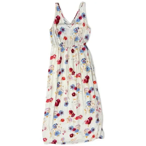 Lucky Brand Ivory Red Blue Floral Sleeveless Tie Waist V-Neck Maxi Dress size S - Picture 10 of 11